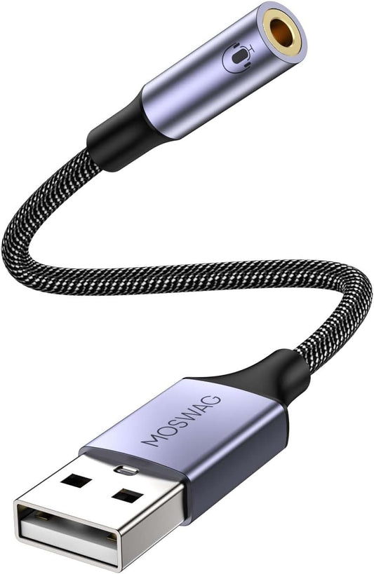 MOSWAG Adaptador De Audio Con Tarjeta De Sonido Externa USB-A a Convertidor Estéreo Auxiliar De 3,5 Mm Compatible Con Auriculares, PC, Computadora Portátil, Linux, Escritorio, PS4