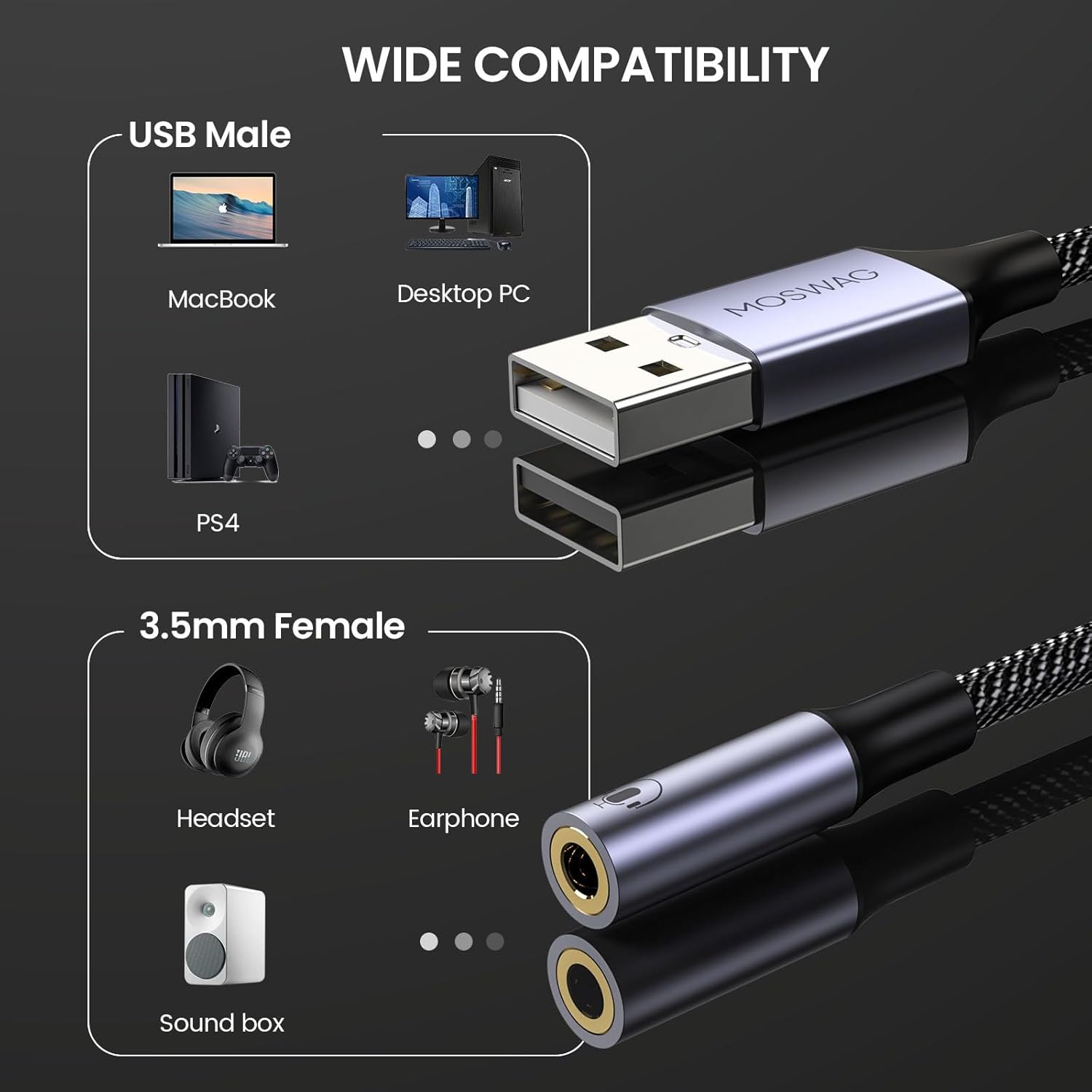MOSWAG Adaptador De Audio Con Tarjeta De Sonido Externa USB-A a Convertidor Estéreo Auxiliar De 3,5 Mm Compatible Con Auriculares, PC, Computadora Portátil, Linux, Escritorio, PS4