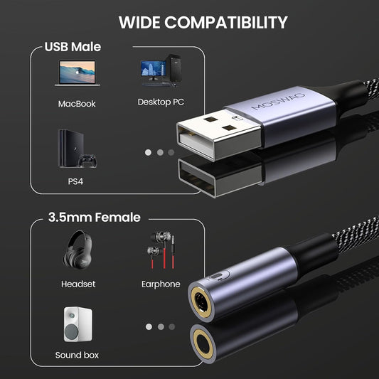 MOSWAG Adaptador De Audio Con Tarjeta De Sonido Externa USB-A a Convertidor Estéreo Auxiliar De 3,5 Mm Compatible Con Auriculares, PC, Computadora Portátil, Linux, Escritorio, PS4